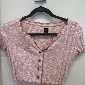 BDG Pink Flutter Sleeve Button Down Crop Top